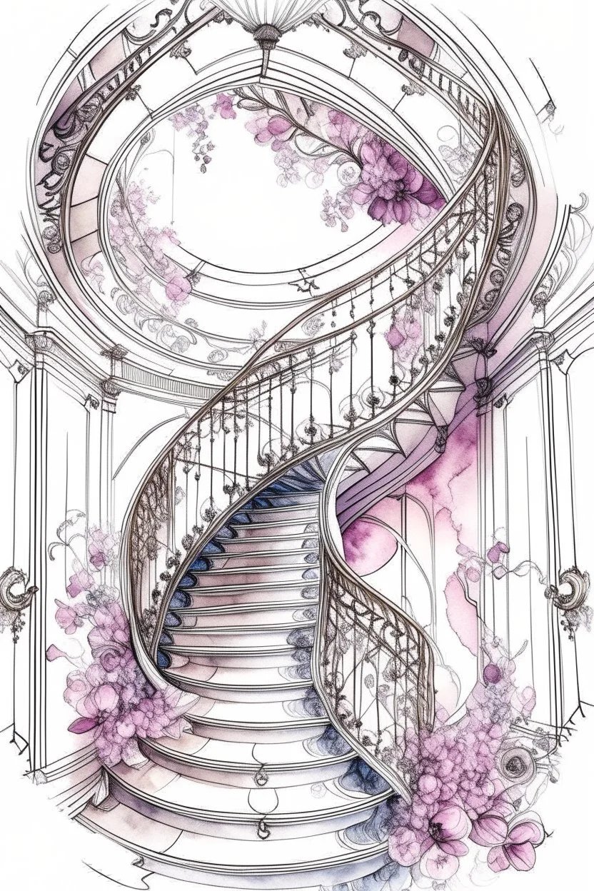 Watercolor sketch on a white background. Ink. Spiral staircase in the hall leading to the sky, pink and white hydrangeas, portraits, rococo interior, chandeliers, filigree, work of art, rich structures, elegance of lines, sparks, drapery, patterns, lavender accents, juicy, bright, sunny, hyperrealistic, top view, retro, monograms, diamond dust, ultradetalization, dots, RAW, ISO 100