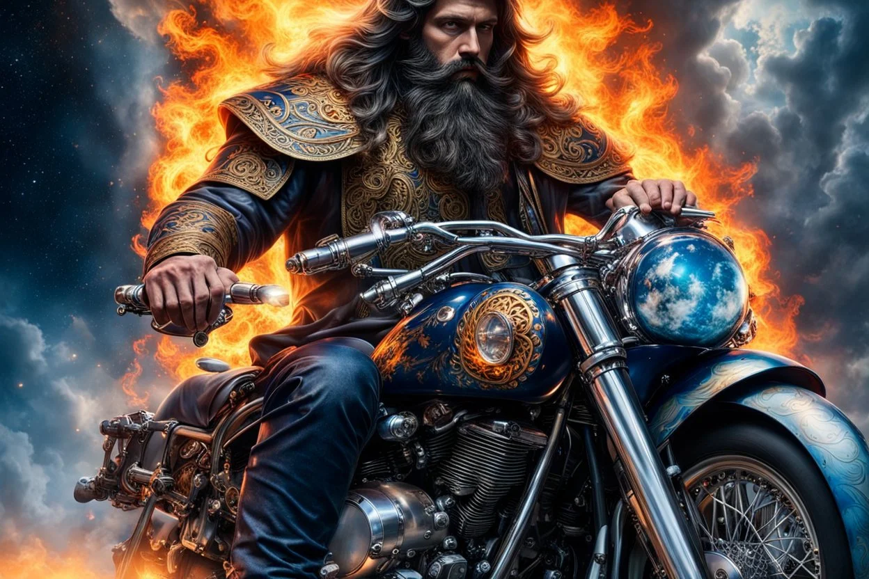 Kebab Man mounted his holy motorcycle, the engine roaring to life with divine power. With a final glance at the celestial realms, he sped down to Earth from heaven, ready to begin his quest. dark beard, flames from the engine