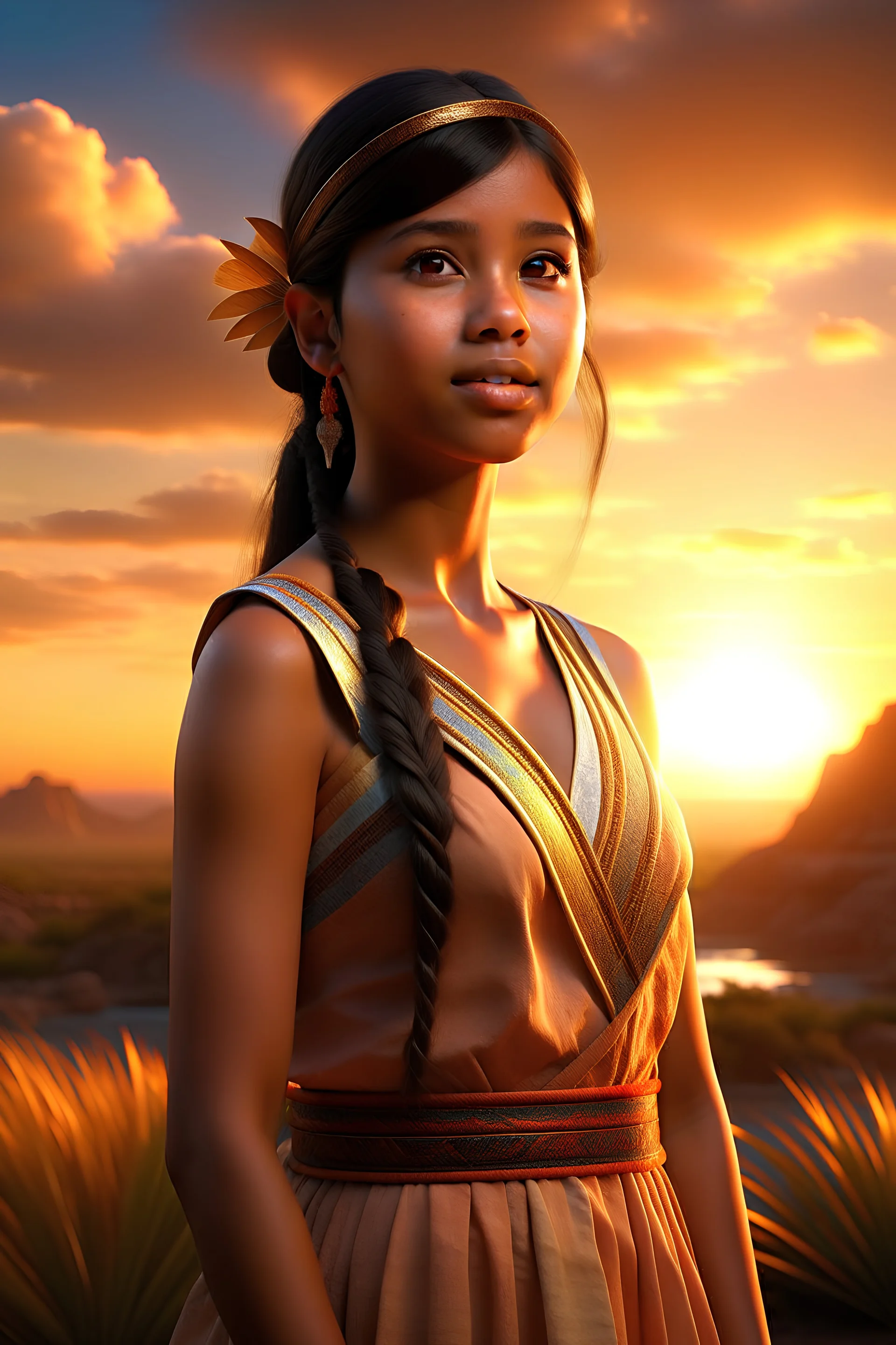 Digital art, high quality, digital masterpiece, natural illumination, spotlight, sunset, realistic, film style, beautiful, (full body:3), (1 beautiful Isabela Moner standing, wearing a peruvian dress:3), (cute femenine face:1.8), (sexy eyes:1.6), tan skin, (Female Inca costume:1.5), (dark brown hair:1.8), (Inca town:1.8), (Peruvian valley at background:2)