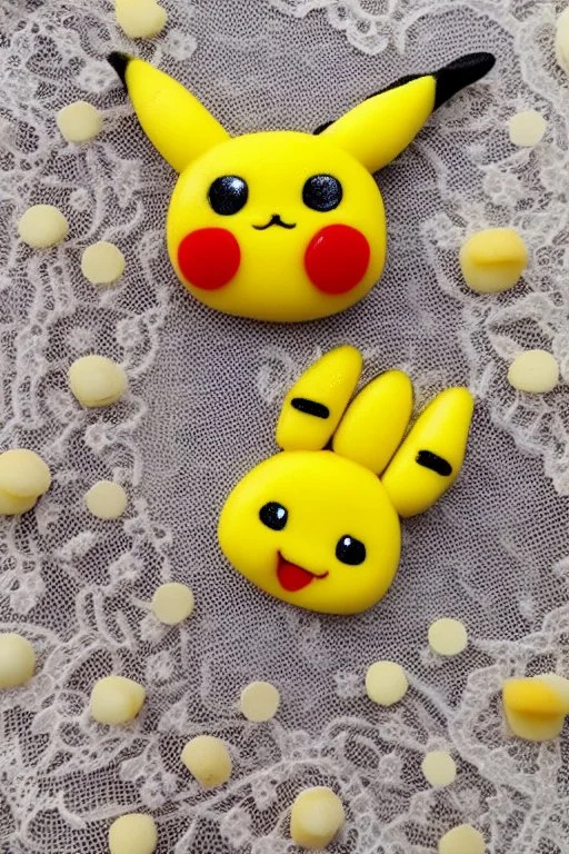 cute and nice faced marzipan Pikachu on a lace blanket on a kitchen table