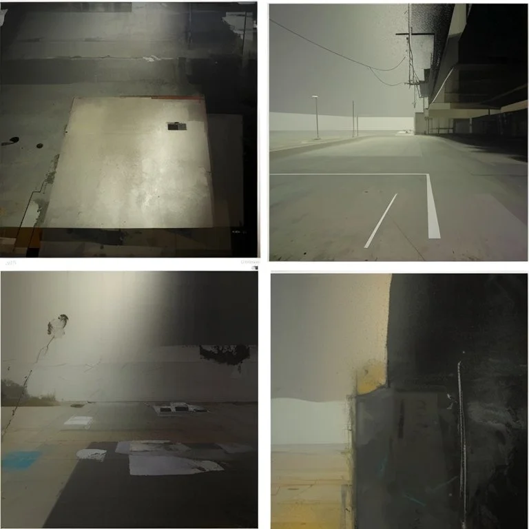 Minimal contemporary abstract oil paintings of desolate 1960s carpark with road markings and concrete fragments. Overlay with grungy typography graphics.