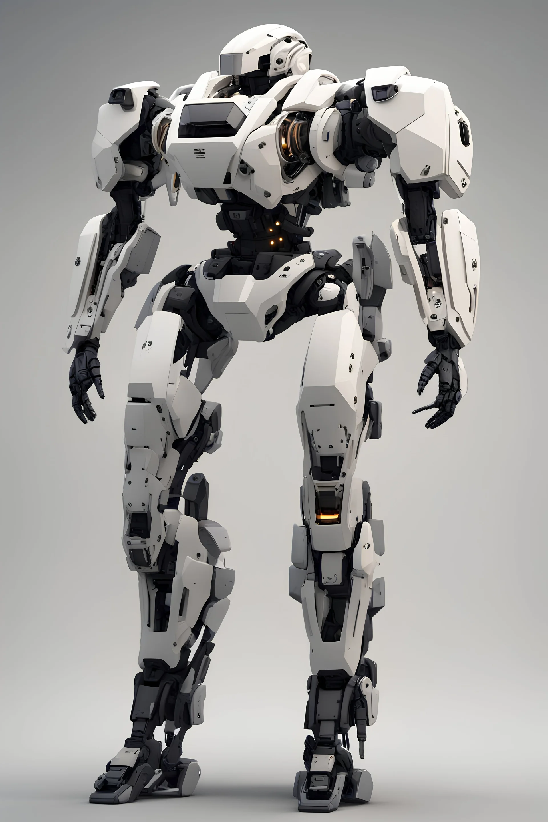 mecha amp suit exoskeleton, prototype, used condition, front view, side view