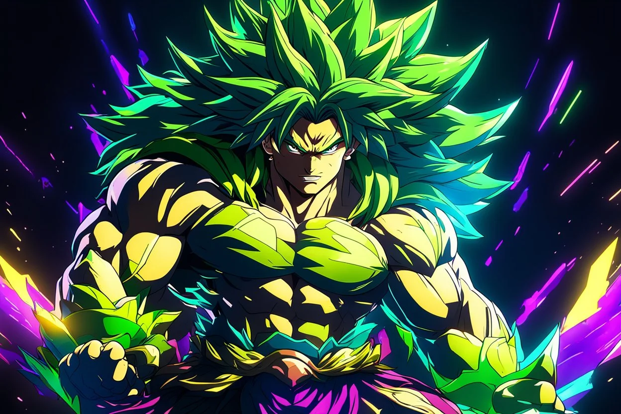 Broly in 8k solo leveling shadow artstyle, dynamic pose, oshare kei, hurufiyya, rtx , neon lights, intricate details, highly detailed, high details, detailed portrait, masterpiece,ultra detailed, ultra quality