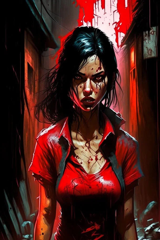 woman in a red shirt standing in a dark alley, by Aleksi Briclot, digital art, girl with black hair, bloody river in hell, as a fortnite character, woman very tired, ready to fight, no yellow color in eyes, torrential rain of blood, stylised comic art, uncharted, bbc promotional artwork