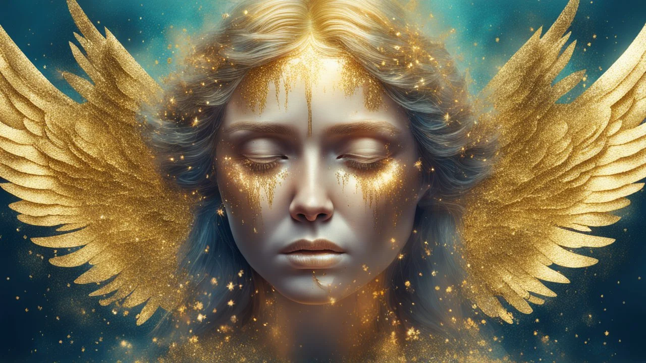 beautiful crying angel, double exposure in fantasy style, gold, glitter, fine rendering, bright colors, photorealism, 3D