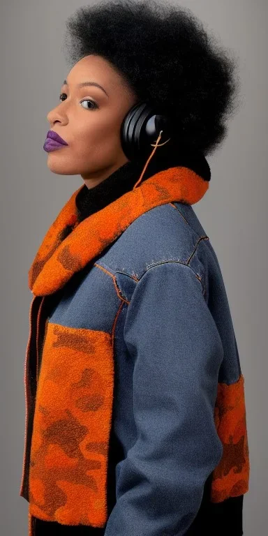 Caucasian woman black hair. average body type. big head. Mantle is sewed of recycled Denim and sewed together of camouflage pieces. Patterns are composed of orange, cream, blue, lilac and purple. It is with big bright purple felt tippet and cream-colored-hood. mantle is merged with tippet. Big AKG-style headphones (gold rings!) is merged with small felt cap with small visor. Style: Haute Couture in 1910's, Paris fashion in 1998, inspired by street art. blue latex gaiters. Her head and rest body!