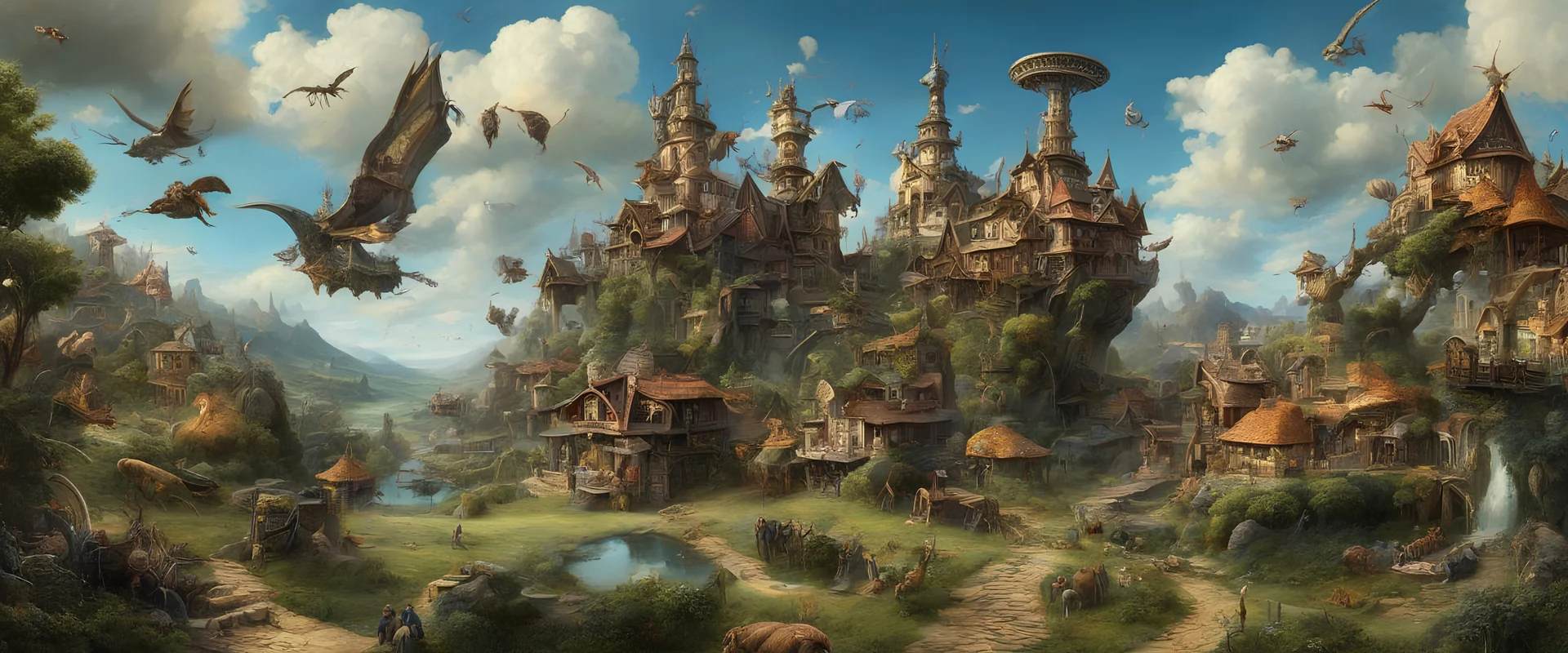 many magnificent sky-beasts fly up high in the distant sky, with a busy outdoor surrealist market, in a beautiful surreal outdoor countryside summer scene, with hills & fields, intricate dwellings, many pathways & stairways, streams, waterfalls, & a waterwheel : in the style of Salvador Dali & Hieronymus Bosch, very high detail, photorealistic, epic cinematic, 8K, Large depth of field