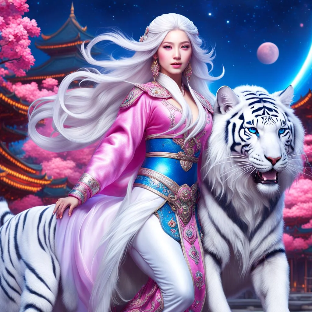 (masterpiece, best quality, 8k, RAW photo, beautiful and aesthetic:1.2), complex detail, Indirect light, photorealistic, (((full body))), 2 Gorgeous Cosmic asian goddess smiling, long curved white hair, blue eyes, Mixed, sci-fi and traditional asian outfit with pink velvet and white furs, riding a white tiger running in a colorfull snowy Sci-Fi landscape with bokeh