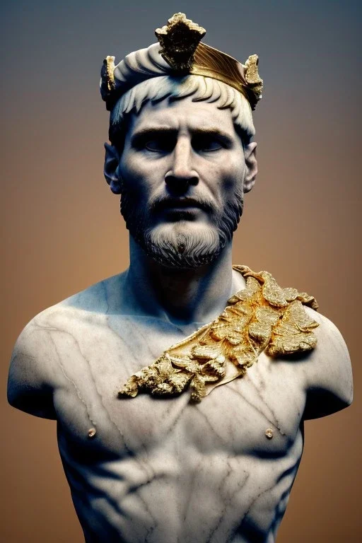 Realistic image, Roman sculpture made in white marble with gold veins, Lionel messi with gold laurel leaves crown, decorative star on the chest, waist up portrait, marble material, gold ornaments, Baroque style, sun rays background, epic, celestial, cinematic lighting, God lights, 4k resolution, smooth details, soft lighting, unreal engine 5, art station, substance 3d.