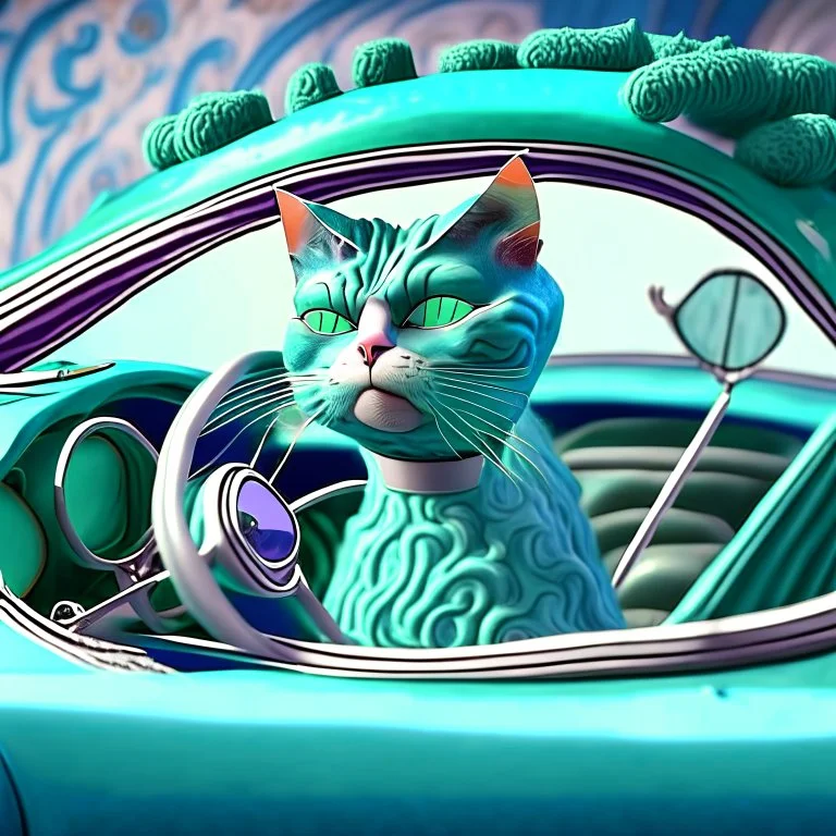 : A crazy cat driving a convertible sports car, inspired by the whimsical paintings of René Magritte, with a muted blue and green palette, where the car is in focus and the surroundings are blurred into abstract shapes, framed with an intricate lace pattern. Modifiers: sharp focus illustration photorealistic dynamic lighting 4K 3D colourful hdr very cute cinematic postprocessing Alphonse Mucha Tim Burton salvator dali Dr Seuss Craig Rutkowski