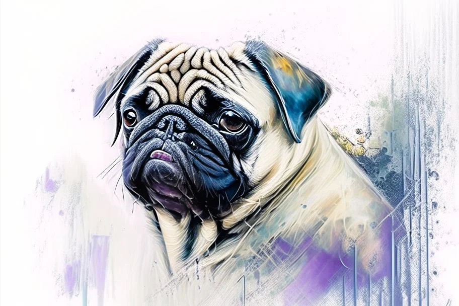Pug, portrait by Willem Haenraets, watercolor, wet on wet and splattering techniques, centered, perfect composition, abstraction, surrealism