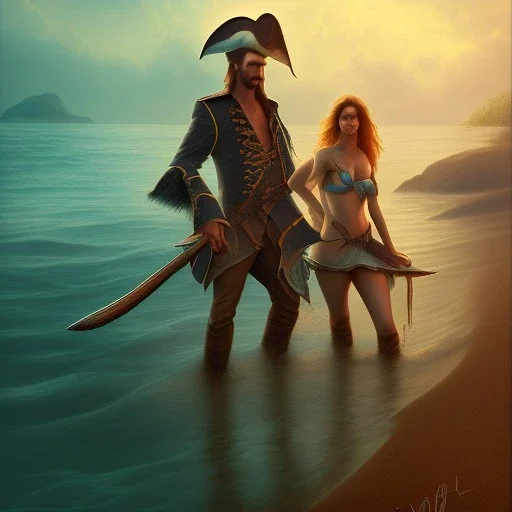  book cover, fantasy art,close up of two pirate actors on nice sandy beach, water, reflection, misty, detailed