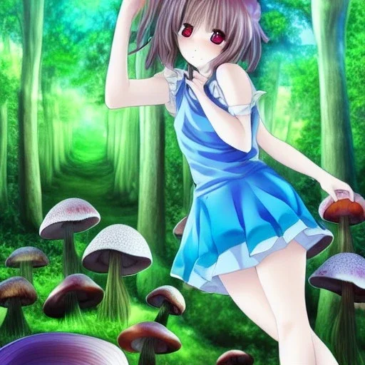 anime, beautiful, girl, magic, blue eyes, short hair, leafy dress, mushroom forest