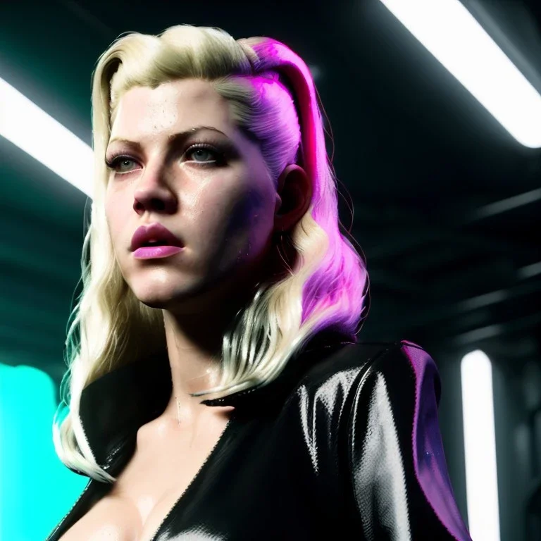 Actress, young Katheryn Winnick, blonde replicant woman, blade runner style, rain, fog, neon ambient, gradient color, clean skin, circuits, latex coat, cyber punk, neon, tubes, portrait, studio photo, unreal engine 5, smooth color, 16 bit, god lights, ray tracing, RTX, lumen lighting, ultra deatail, volumetric lighting, 3d, finely drawn, hd.