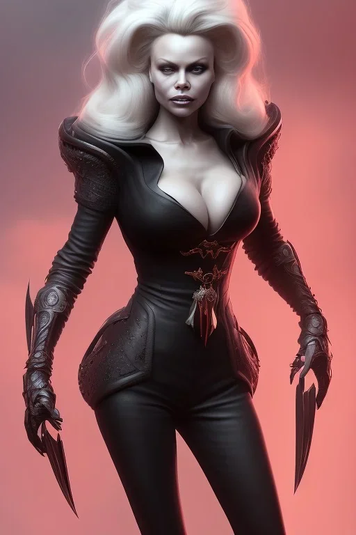 Pamela Anderson as evil queen in black leather, leather, busty, cleavage, angry, stern look. character design by cory loftis, fenghua zhong, ryohei hase, ismail inceoglu and ruan jia. unreal engine 5, artistic lighting, highly detailed, photorealistic, fantasy