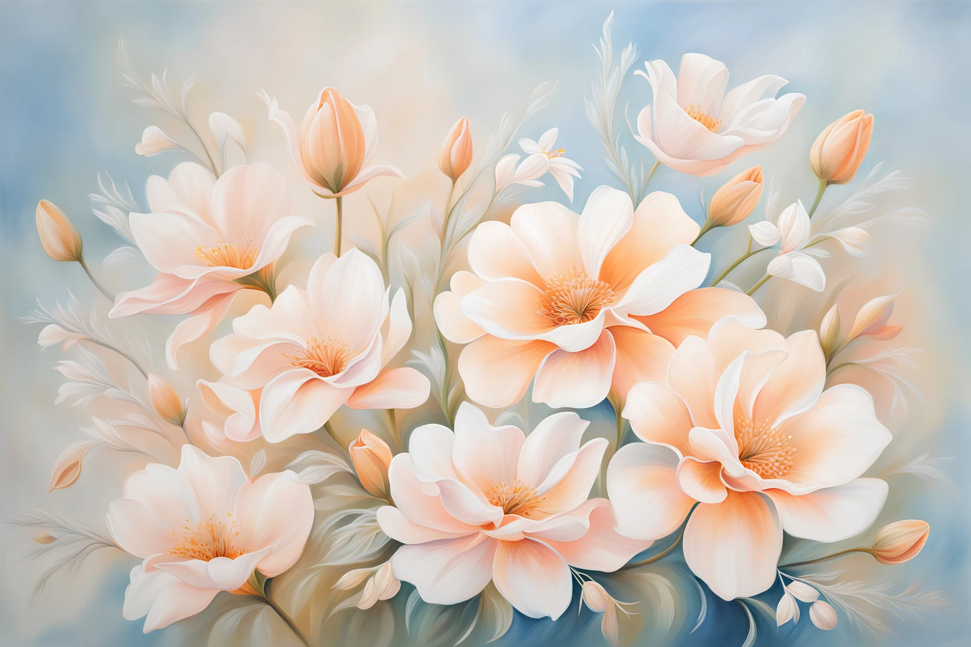 Several gorgeous, highly detailed, elegant and delicate pale orange, pale pink and white flowers against a bokeh background in shades of blue, realistic, oil on canvas, professional award winning art