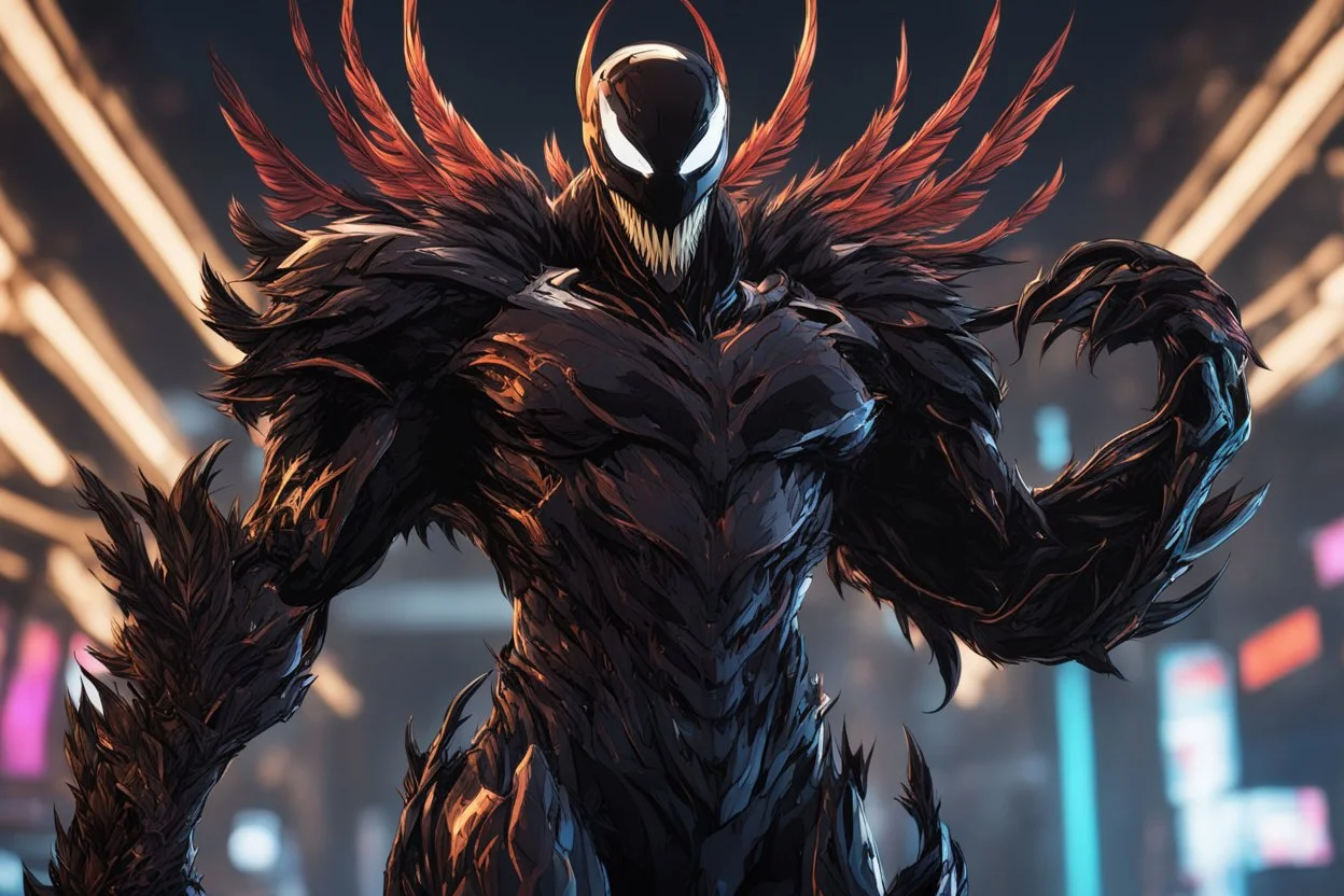 Venom machine in 8k solo leveling shadow artstyle, crow them, feathers, big wings, neon effect, close picture, full body, apocalypse, intricate details, highly detailed, high details, detailed portrait, masterpiece,ultra detailed, ultra quality