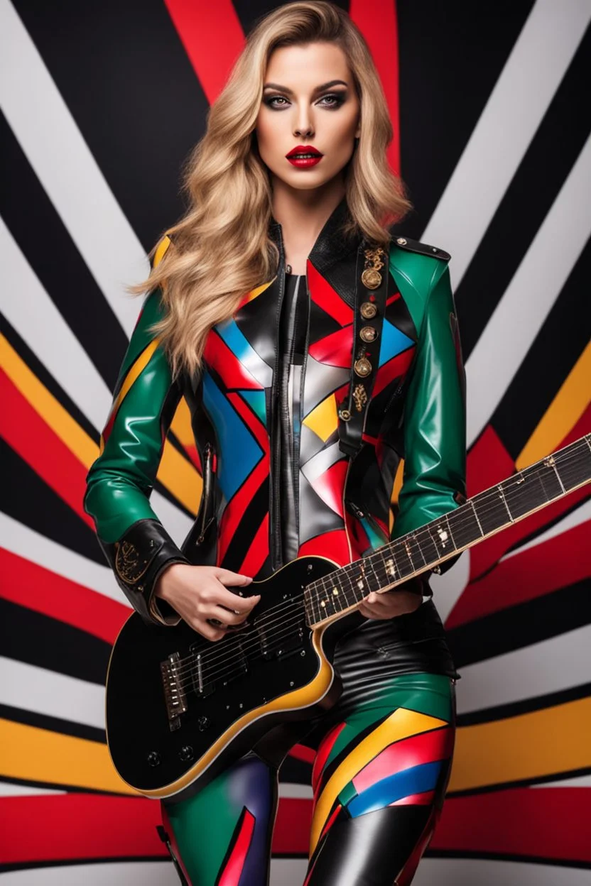 Photography realistic HD front view excellent realistic portrait super model very beautiful wearing colors abstract jacket latex body suit,as an gutarist rocker musician