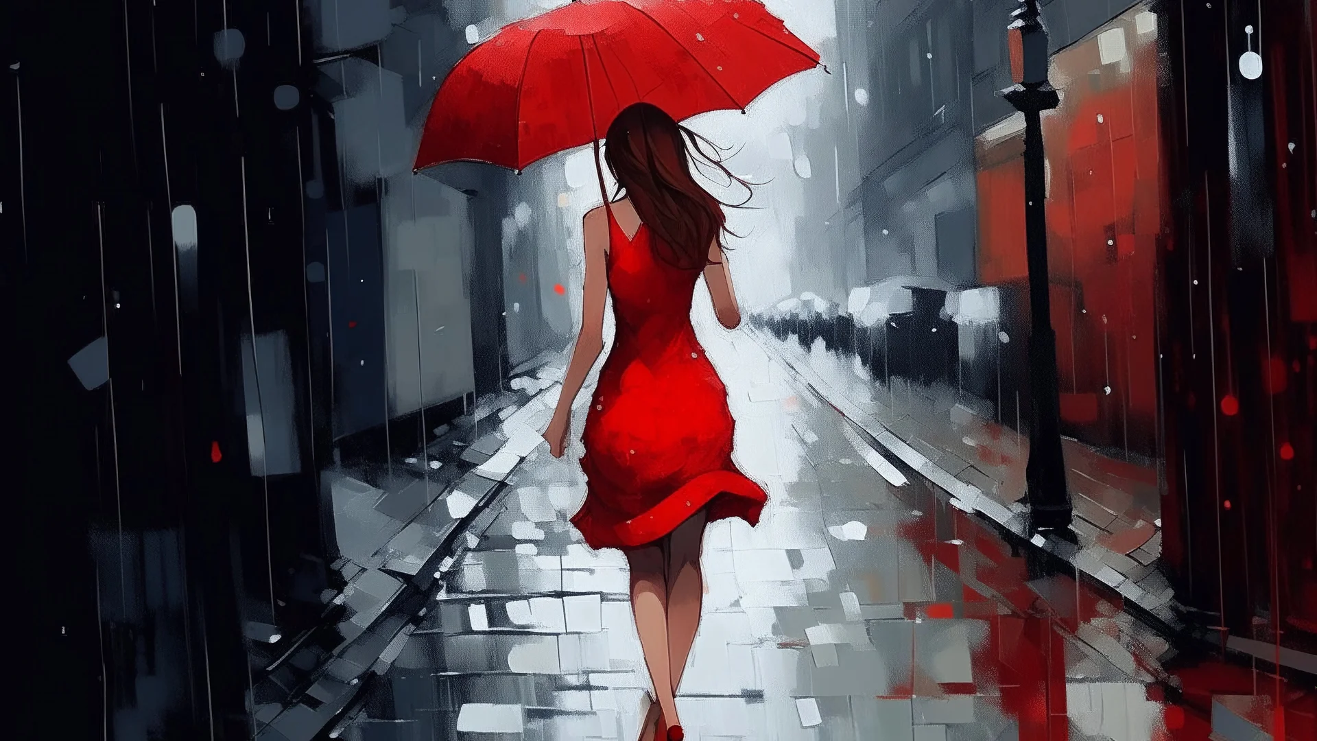 colorful flat illustration , A young Caucasian woman with long brown hair wearing a red dress and holding a white umbrella, walking alone on a rainy city street with blurred buildings and lampposts in the background, draw art style influenced by japanese artists, niji, black outlines