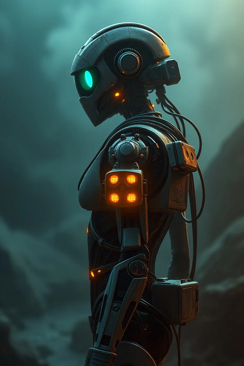 rendering, side shot, falf-strange body with complex system equipment with hyper detail robot, gaze, sci-fi, gloomy environment, foggy with light shader, cyan and yellow illuminations, dramatic lighting, RTX shader, hyper detail texture with reflection, HDRI, cyborg, grunge, bolt, UHD --chaos 1. 2 --ar 9:16 --style raw --stylize 750