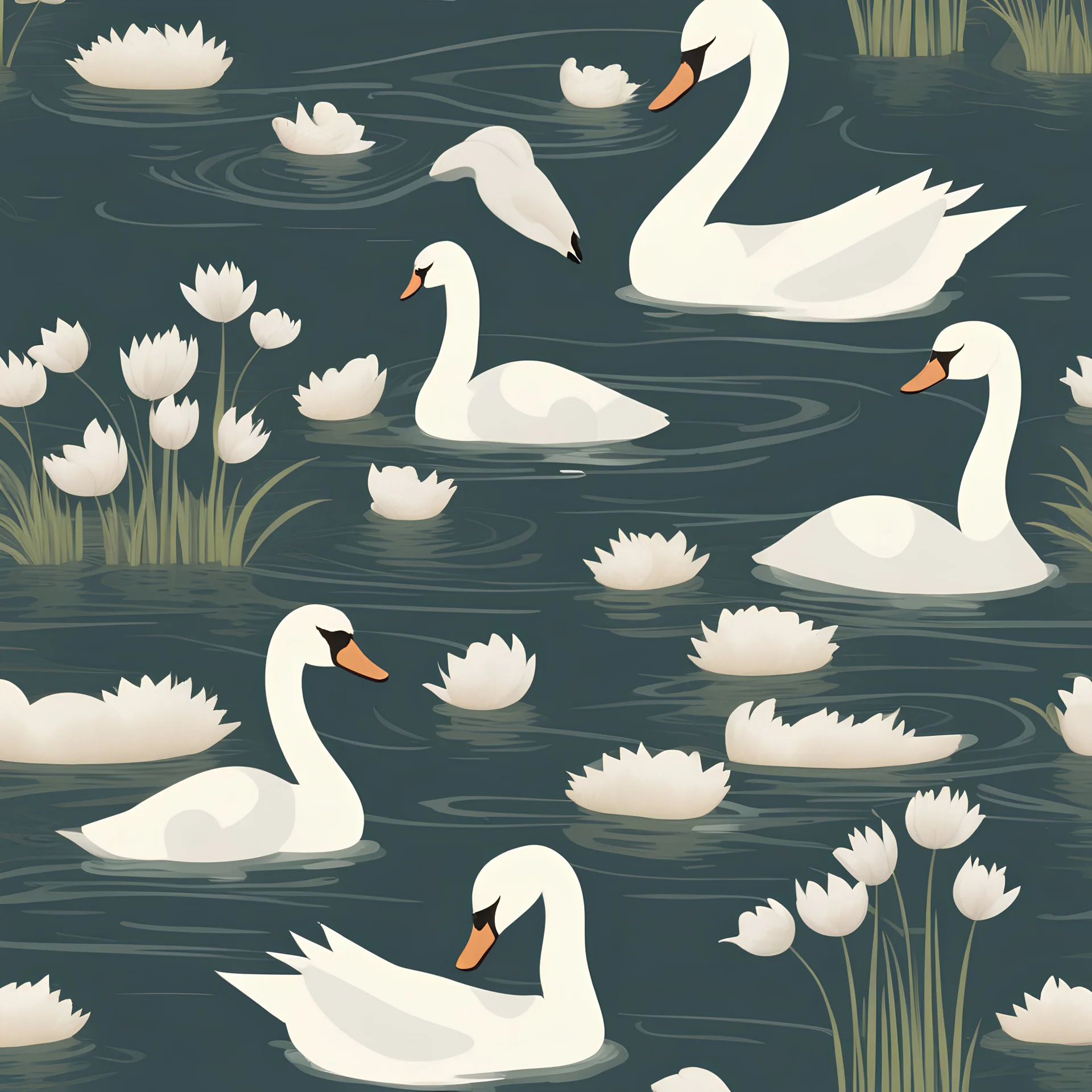 A nature scene with swans floating on a pond