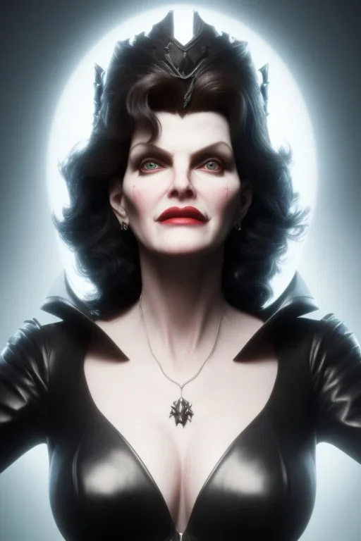 Rene Russo as evil queen in black leather, busty, cleavage, angry, stern look. character design by fenghua zhong. unreal engine 5, artistic lighting, highly detailed, photorealistic, fantasy