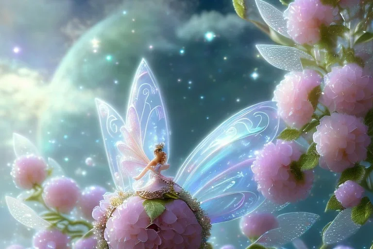 one big crystal subtle flower in a galactic ambiance of the sky, transparent petals, delicate colors, in the foreground, with a little beautiful fairy, full of details, smooth, bright sunshine，soft light atmosphere, light effect，vaporwave colorful, concept art, smooth, extremely sharp detail, finely tuned detail, ultra high definition, 8 k, unreal engine 5, ultra sharp focus