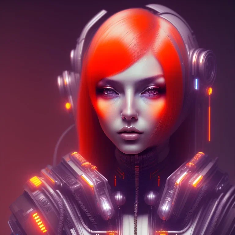 A beautiful portrait of a cute cyberpunk woman orange color scheme, high key lighting, volumetric light high details with white stripes