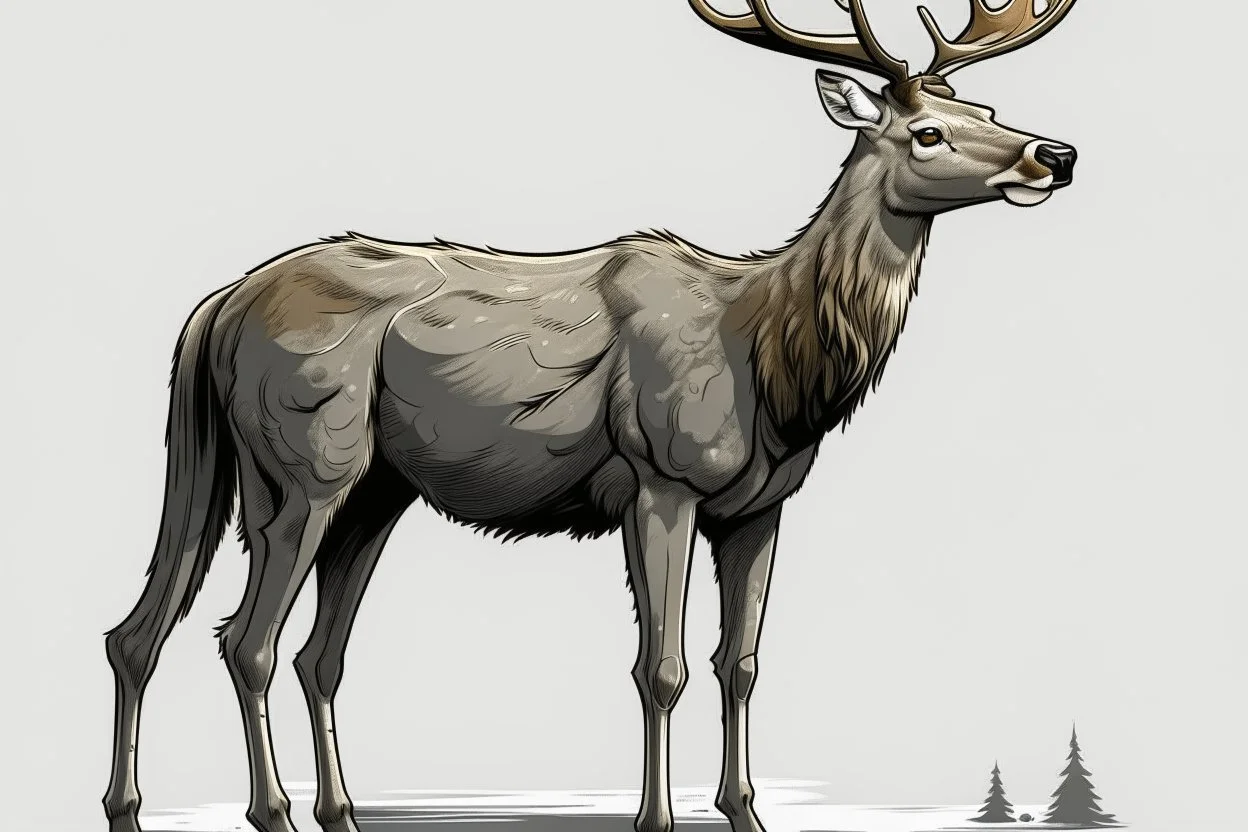 deer, full body, profile ,comic book, gray background,