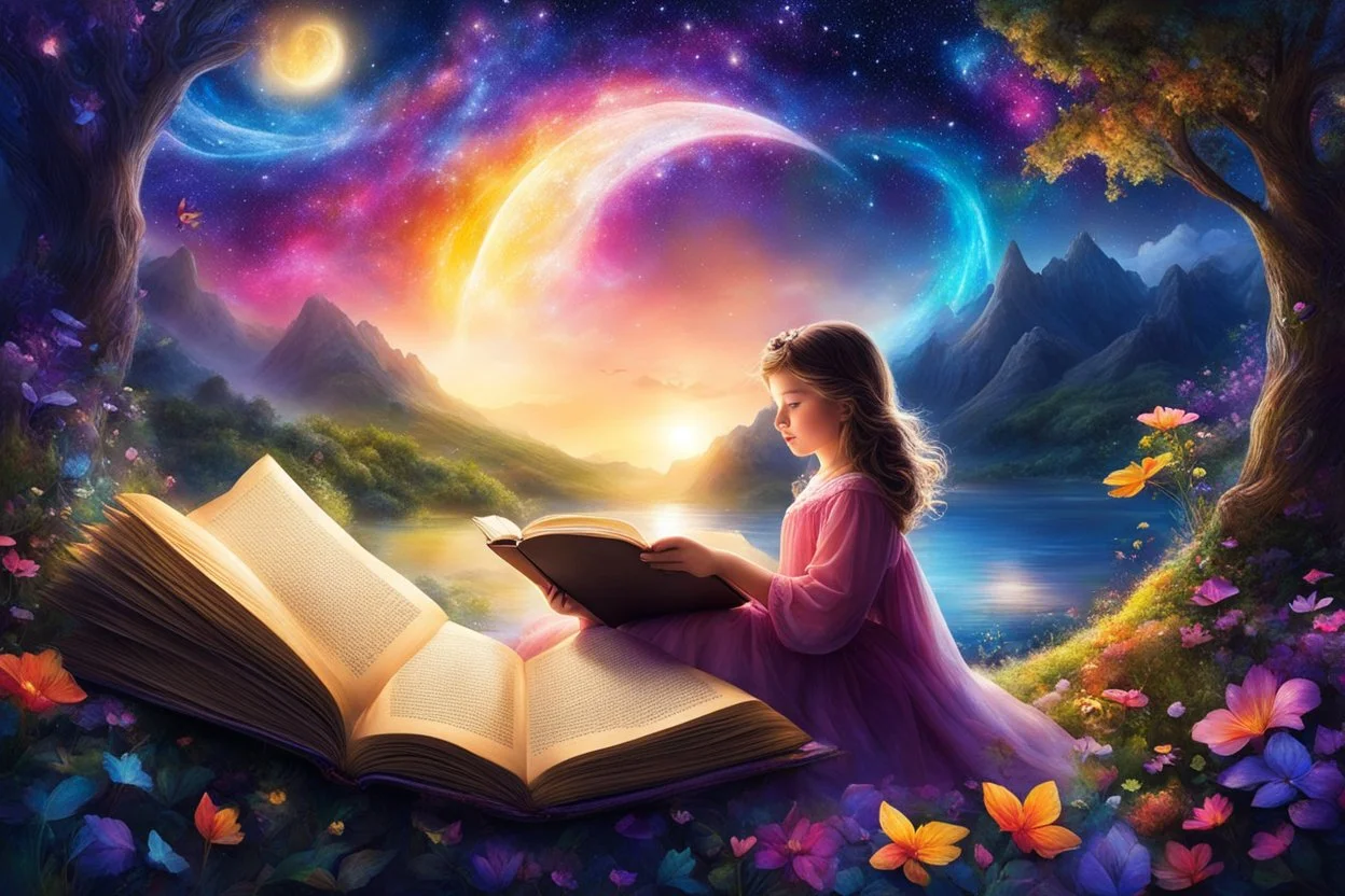 In a magical world of colorful delight, a beautiful girl finds solace in the night within the pages of the book she holds dear, studying and thinking, banishing all fear, with each word she reads, magic comes alive in the realms of reading, her dreams do thrive, a wondrous escape to a world so bright, the book holds endless flight in her hands.