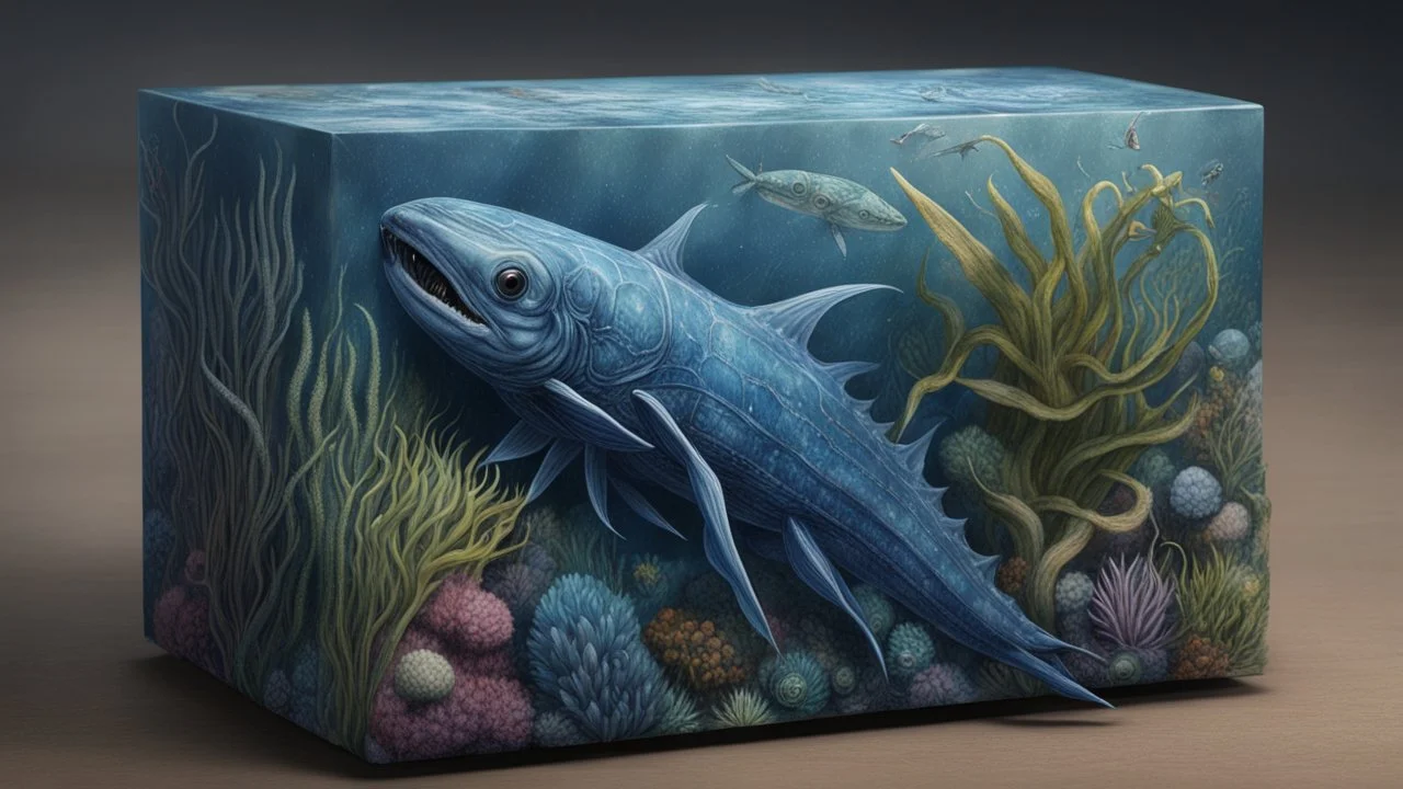 creatures, plants from subanautica from deep sea, drawn on the box, leviathan biom, plants, kyanite ,very realistic 4k