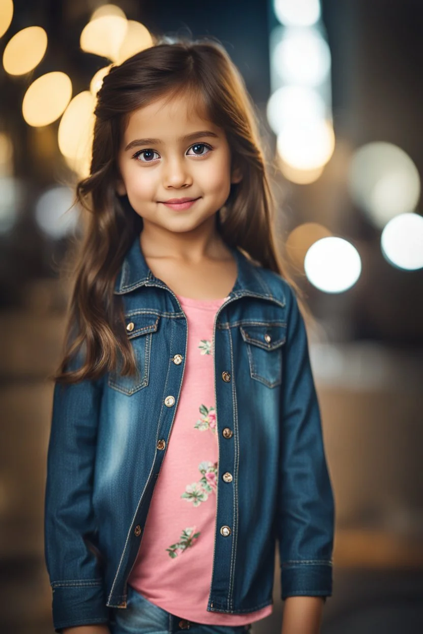 Little 6 years old beautiful girl perfect face,1girl wearing a pretty shirt and jean pant, standing pose,modern city ,night view