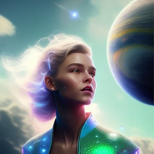 A portrait of a transparent crystalline girl,smiling, longs blond hairs, green eyes, galactic dress, atmospheric, realistic, cinematic lighting, octane render, purple and blue sky, nebula, stars, planets in background, spaceship in background