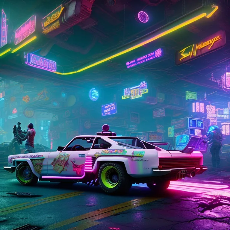 photo quality, unreal engine render, highest quality, stop-motion animation, vivid neon colors, volumetric lighting, cyberpunk 2077, classic car junkyard, deep colors in a dark setting background, post-apocalyptic,