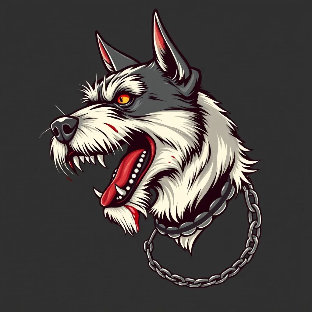 left facing head of angry Terrier dog with blood shot eyes and bloodied teeth, a ball chain collar around neck, a chain leash attached to collar, vector