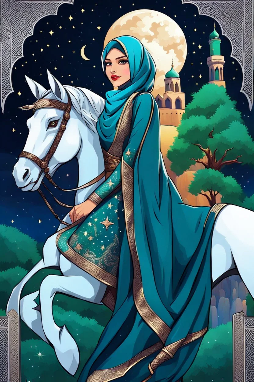 A beautiful Arab girl. Decorated silk fabric. And riding on the back of a dragon. Starry sky. Trees and waterfalls. And ornate mosques. And future Islamic buildings