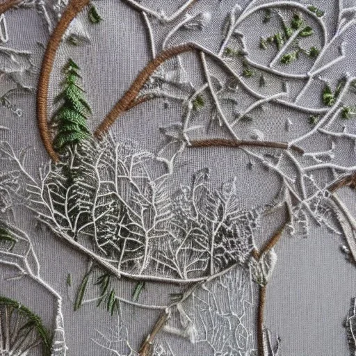 exquisite whimsical snowy forest in embroidery hoop, intricate, highly detailed, linen and wood backdrop