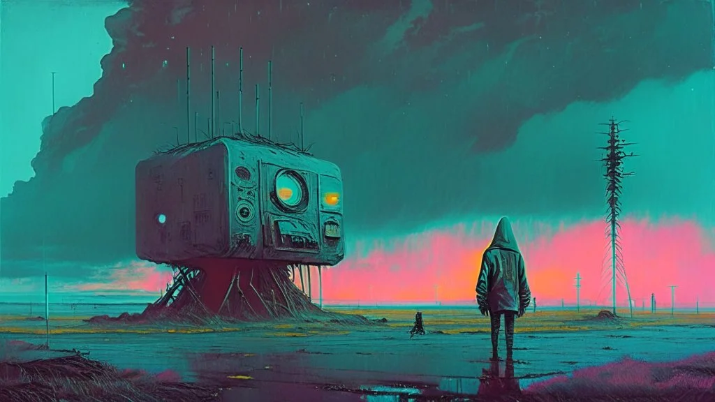 Strange surreal world, science fiction painting, Simon Stålenhag, Denis Sarazhin, ominous sky, Alex Colville, Alejandro Burdisio, Romain Trystram, RAW, gritty atmospheres, sinister surrealism, dark pop surrealism, neon techno-gothic punk, analog horror CRT, scan lines