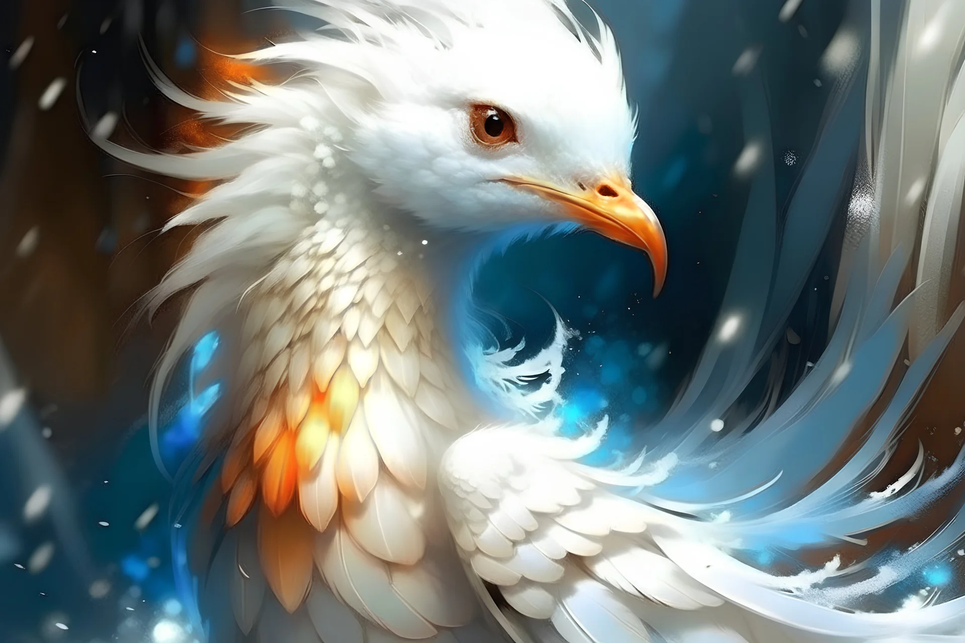 A hybrid of a human and a snow-white bird, it has pale skin on its face, which is human and lightly feathered, reminiscent of a harpy and associated with snow, however, it has spots on its feathers that look like flashes of fire.