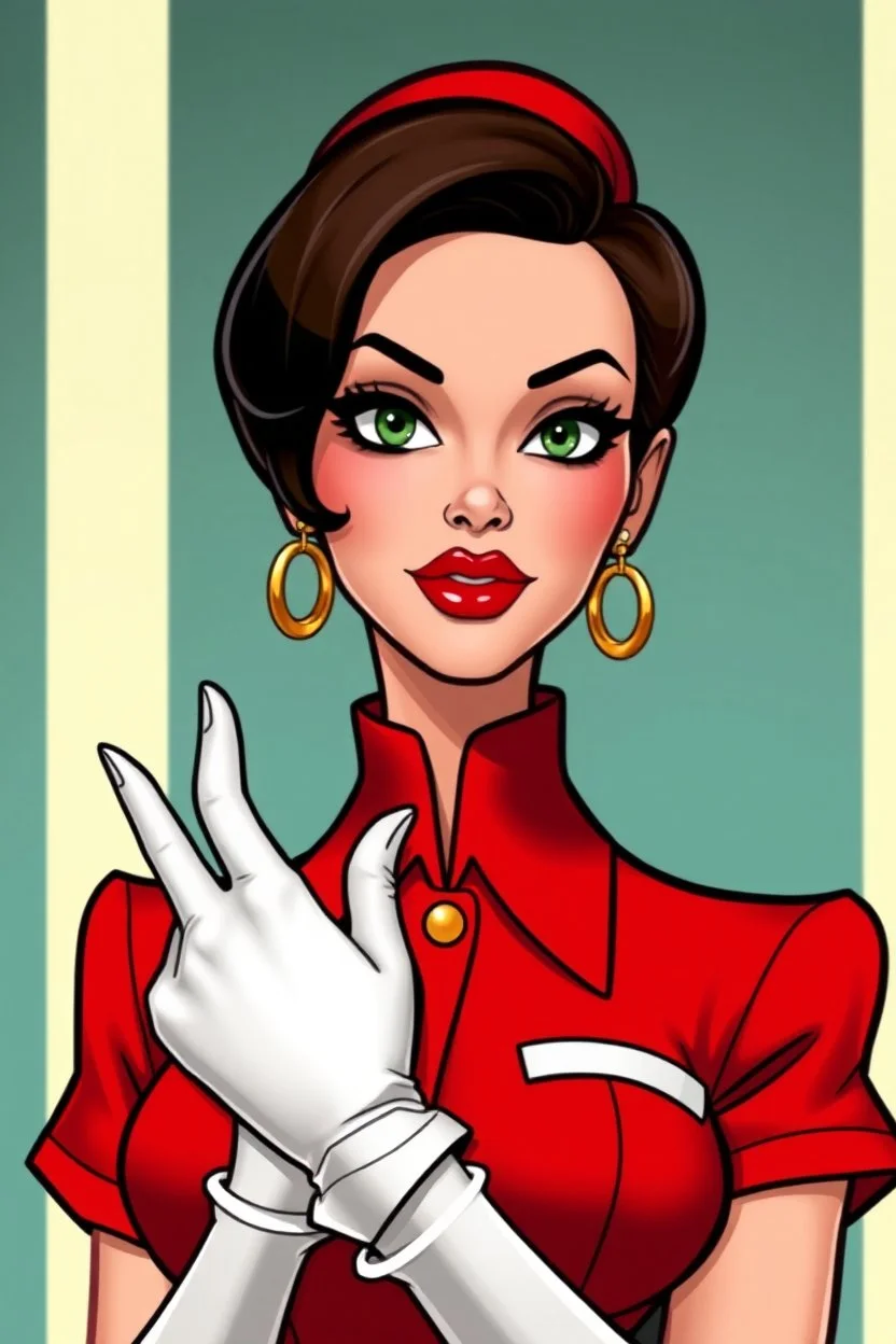 cartoon style image of very feminine, brunette 50 year old sexy French stewardess in red uniform with pixie cut and strong, seductive makeup, smoky green eyes, white leather gloves, big thick pouty bright red lips and large golden earrings who looks like Jeanna Fine