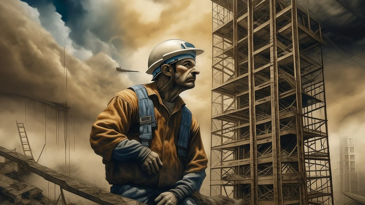 Trabajador de la construcción en un rascacielos en ruinas rodeado de andamios oxidados y tormentas de polvo tóxico, cuerpo en tensión y mirada desafiante hacia el horizonte colapsado, realismo social distópico con influencia muralista.