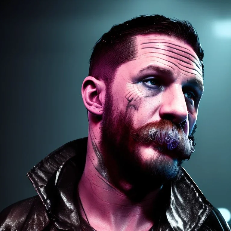 Actor, tom hardy, blade runner style, rain, fog, neon ambient, gradient color, clean skin, circuits, latex coat, cyber punk, neon, tubes, portrait, photo studio, unreal engine 5, smooth color, 16 bit, god lights, ray tracing, RTX, lumen lighting, ultra deatail, volumetric lighting, 3d, finely drawn, hd.