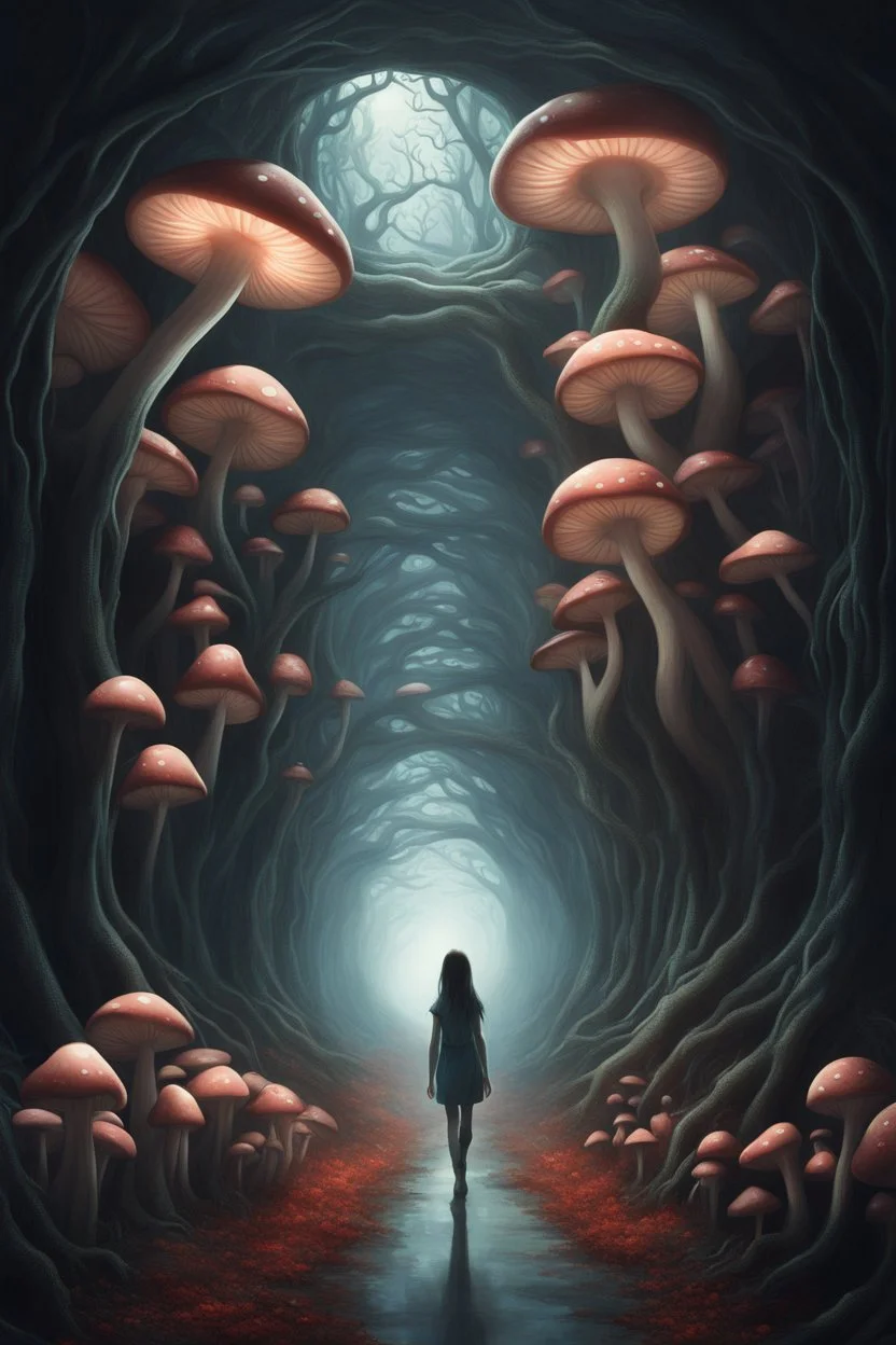 A surreal scene a tunnel-like structure filled with intertwined mushrooms trees , The tunnel is lined with countless writhing aliens bodies, creating a chaotic and nightmarish atmosphere. At the end of the tunnel, a solitary beautiful girl figure walks towards a distant light source, casting a glow that illuminates the scene. The overall color palette is muted with shades enhancing the ominous and unsettling mood. The level of detai