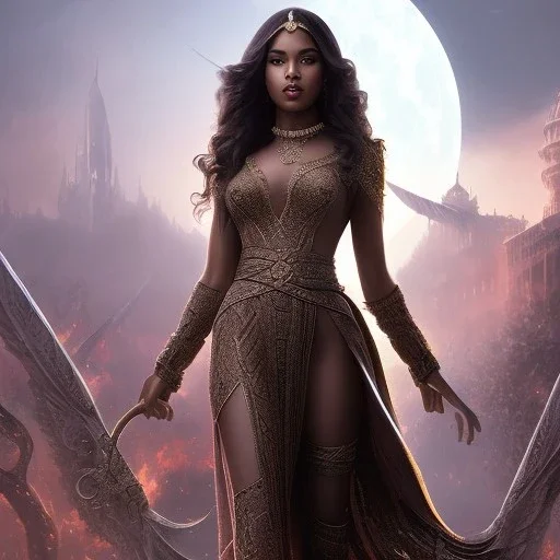 fantasy setting, insanely detailed, dark-skinned woman, indian, black wavy hair, warrior, magician