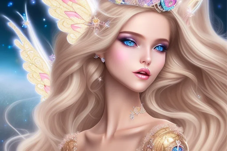 smiling, beautiful, soft,smiling, straight and long blonde hair, dewy and shiny atmosphere, diamond crown, long fairy wings in the back, full head, curly hair, golden veil clothes, bacground pink and blue