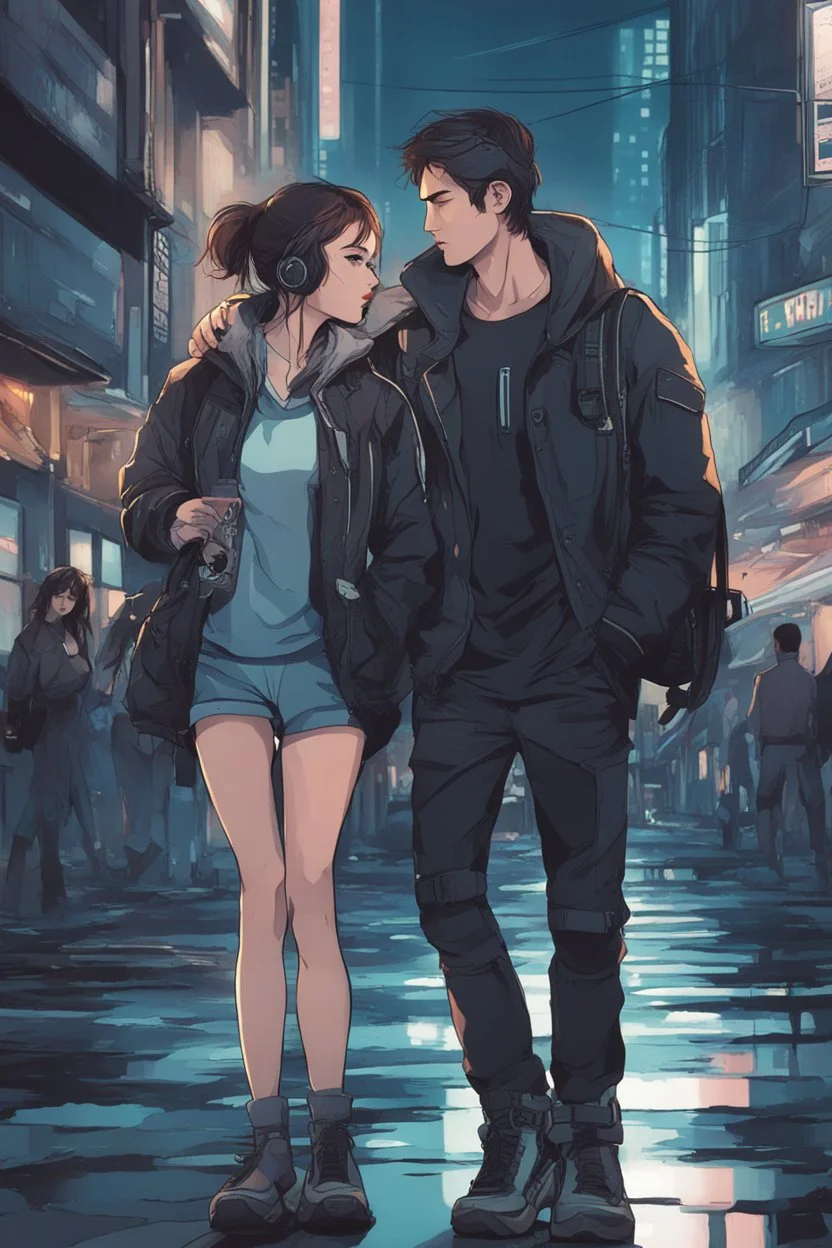 Science fiction, cyberpunk, city street, couple girl and guy, together, love at first sight, summer night, eyes