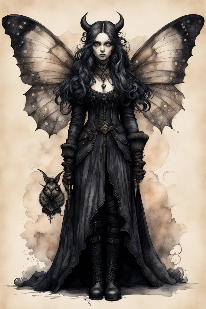 Jean-Baptiste Monge style 19th century hand drawn full body portrait dark gothic fantasy illustration of a walking hybrid Hercules moth goth girl, with highly detailed facial features with large sad eyes, drawings, 8k, vibrant natural colors, otherworldly and fantastic, ink wash and watercolor