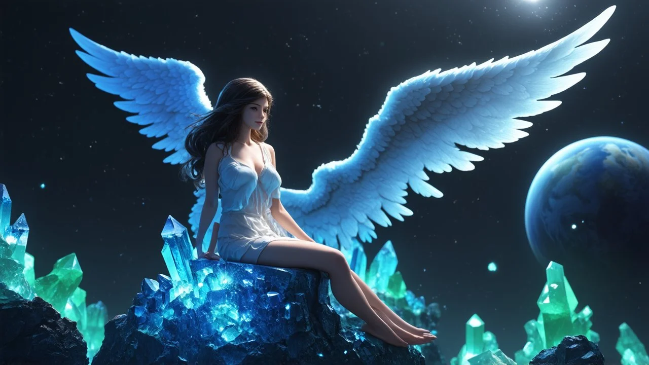 angel with a wings siting on the blue monolith made of blue tiberium crystals of lights, matrix universe, planets on the back grounds, green crystals of tiberium on the life and right