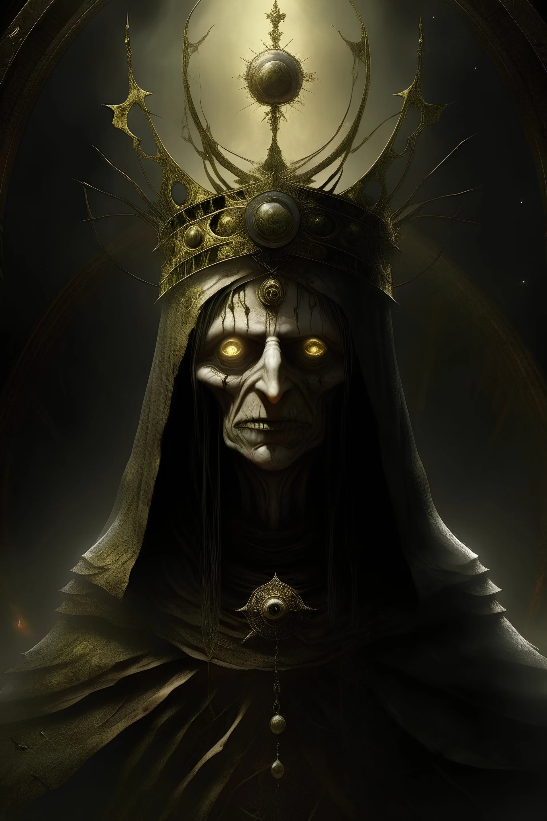 Alien in tattered ecclesiastical robes,Eyes,crown of thorns with eerie symbols, encircles their head.