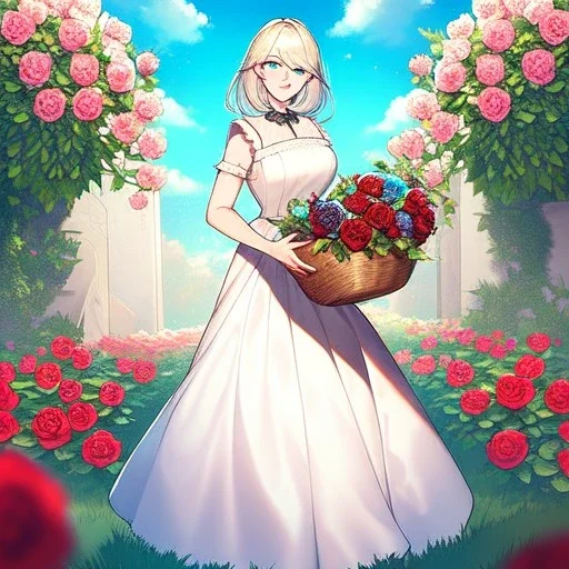 gorgeous anime girl wearing a yellow and white dress ,standing in a meadow of flowers, spreading rose pedals on the ground. beautiful eyes and a stunning smile, blue eyes, two blue eyes, perfect nose and rosy cheeks and red lips. girl is holding a basket with flowers in it